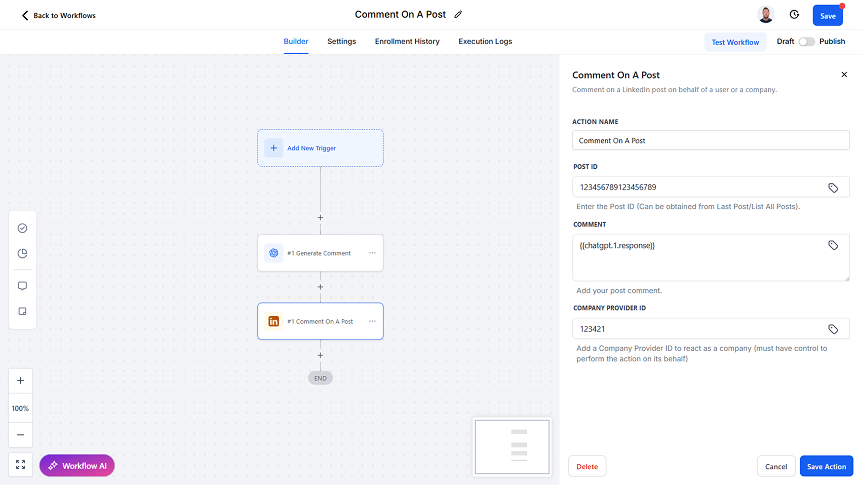 Workflow Action - Comment on a Post
