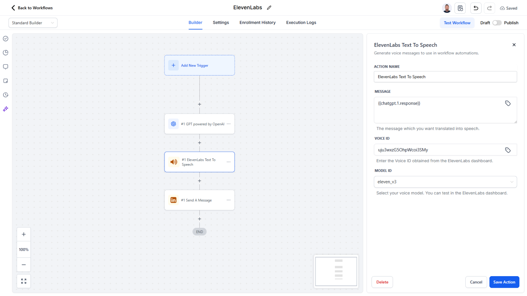 Workflow Action - ElevenLabs Voice Generation