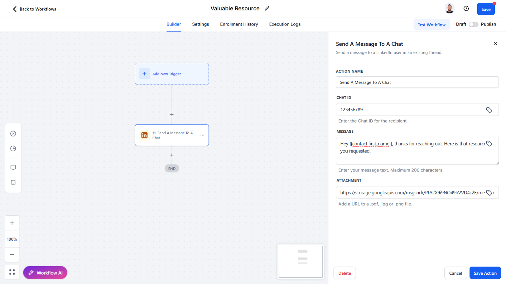 Workflow Action - Send a Message to a Chat