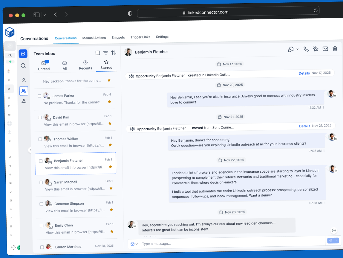 A LinkedIn conversation continuing inside the HighLevel inbox