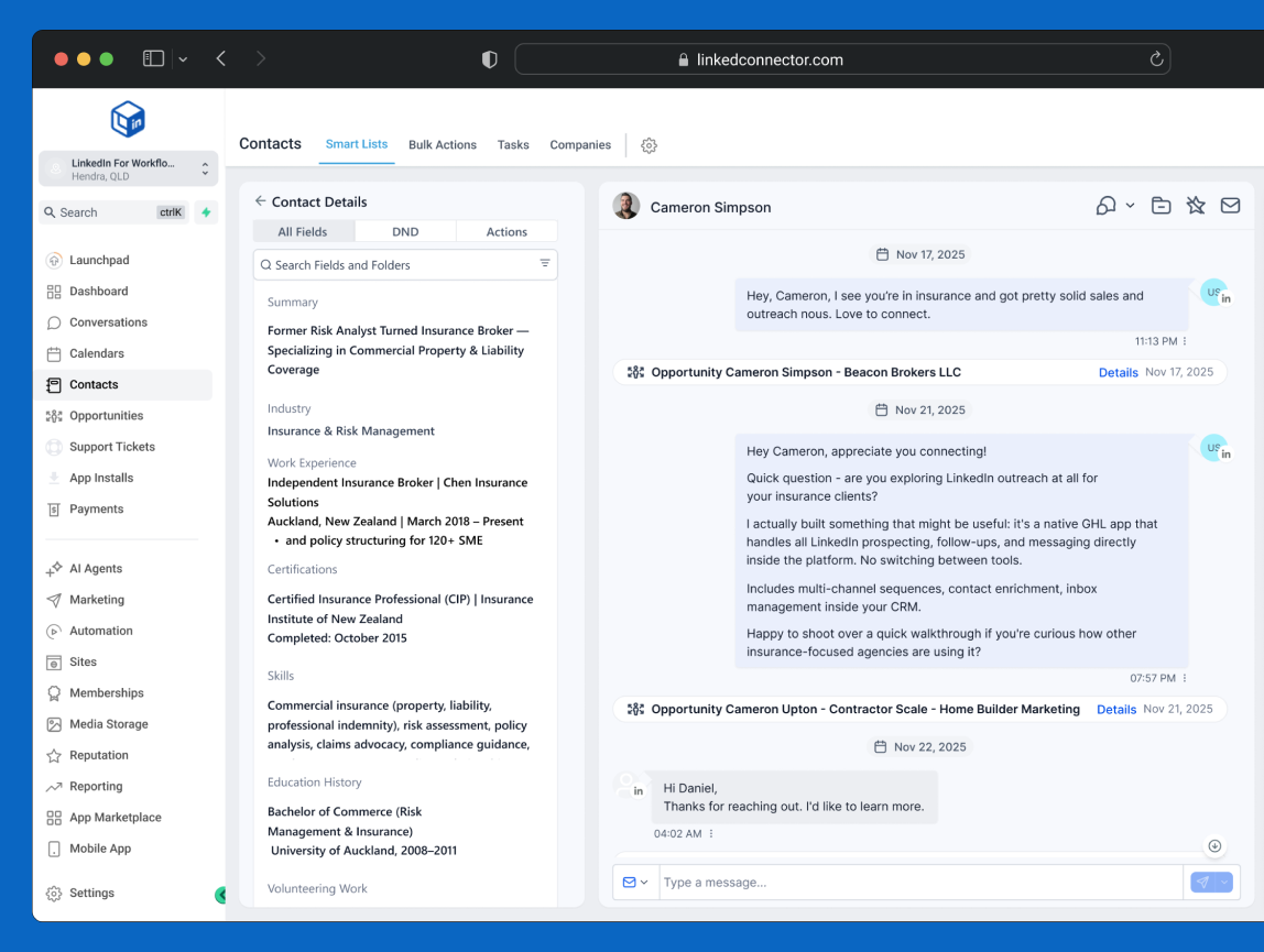 A HighLevel contact enriched with LinkedIn profile data